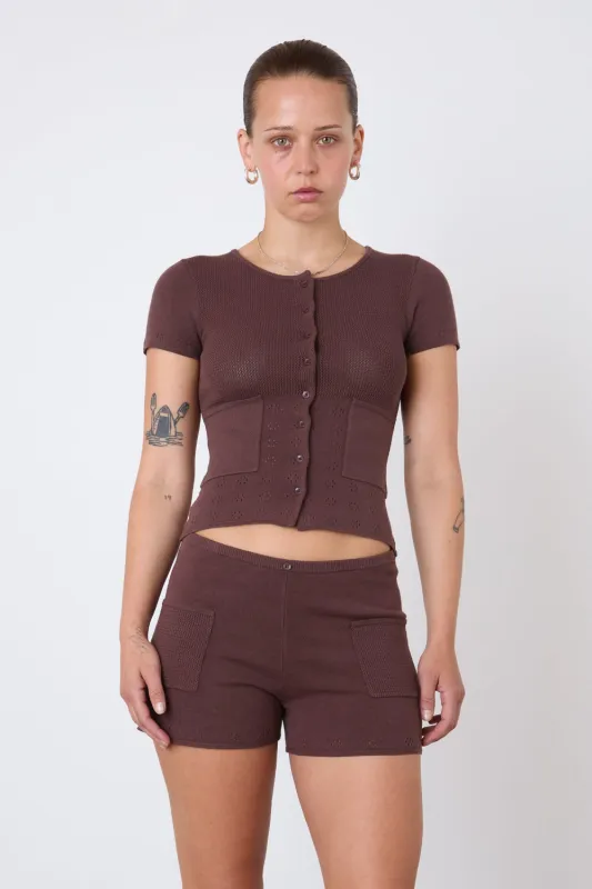 The Marie Knit Polo Top, Chocolate sold by Peachy Den