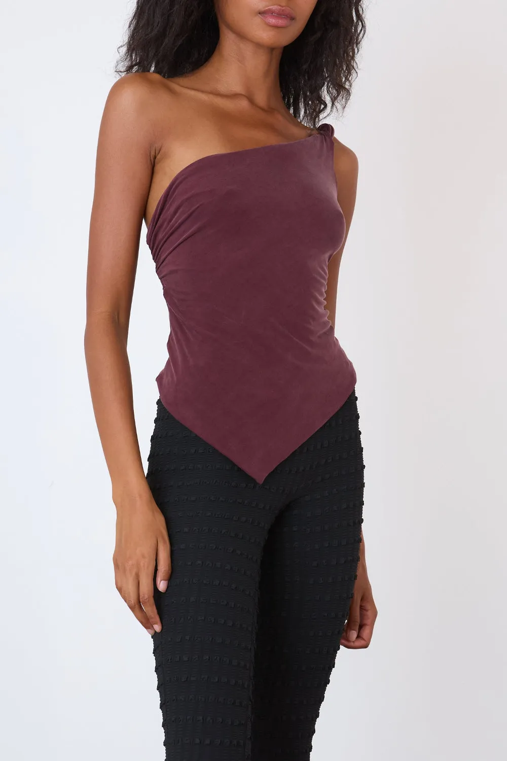 The Amelia One Shoulder Top, Hot Choc sold by Peachy Den