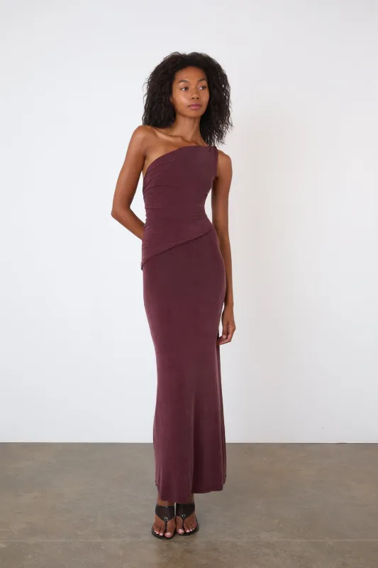 The Amelia One Shoulder Maxi Dress, Hot Choc sold by Peachy Den