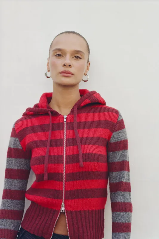 The Anita Knitted Hoodie, Burgundy Stripe sold by Peachy Den