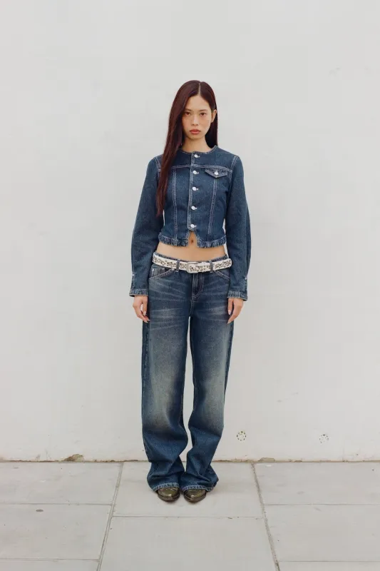 The Goldie Fitted Denim Jacket, Dark Fade made by Peachy Den