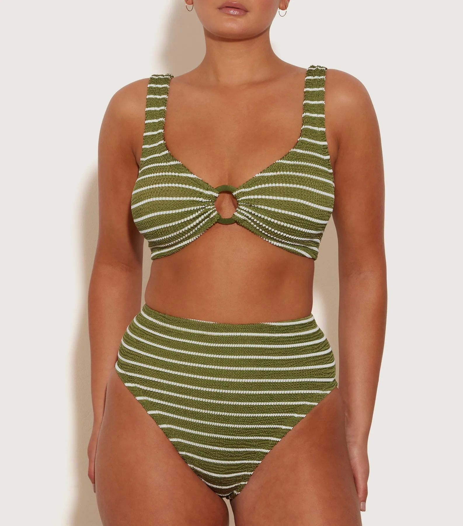 Nadine Bikini With Tonal Hoops - Metallic Moss/White Stripe sold by Hunza G