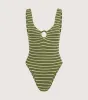 Celine Swim With Tonal Hoops - Metallic Moss/White Stripe sold by Hunza G