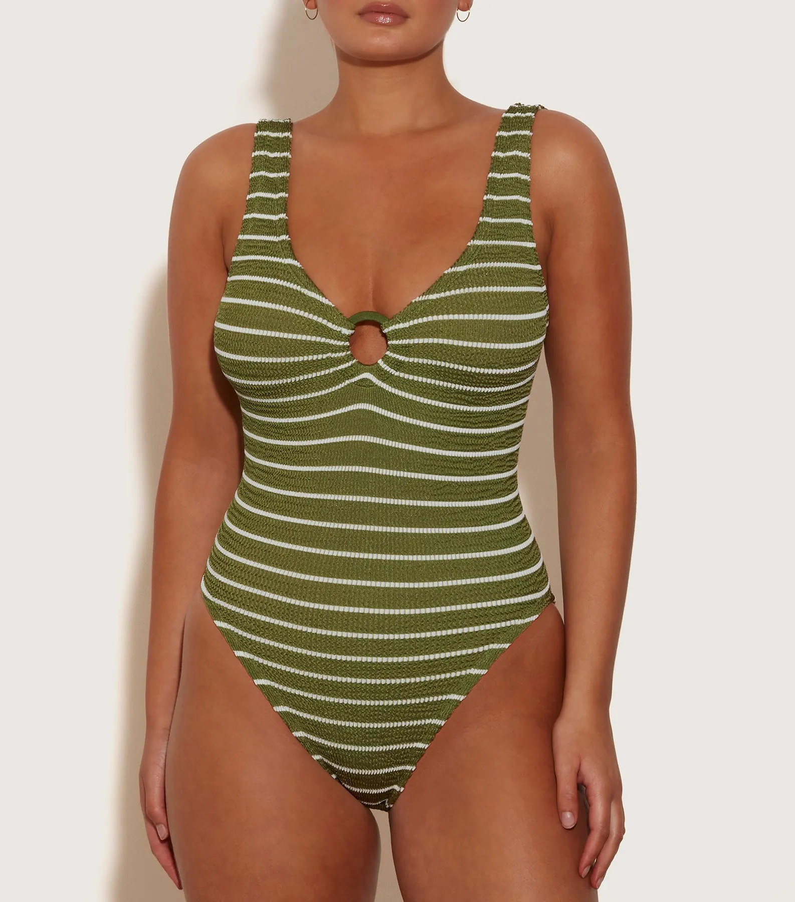 Celine Swim With Tonal Hoops - Metallic Moss/White Stripe sold by Hunza G