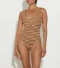 Celine Swim With Tonal Hoops - Metallic Cocoa/White Stripe sold by Hunza G