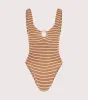 Celine Swim With Tonal Hoops - Metallic Cocoa/White Stripe sold by Hunza G
