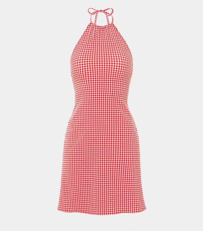 Gingham Seersucker Mini Dress - Red Gingham sold by Hunza G