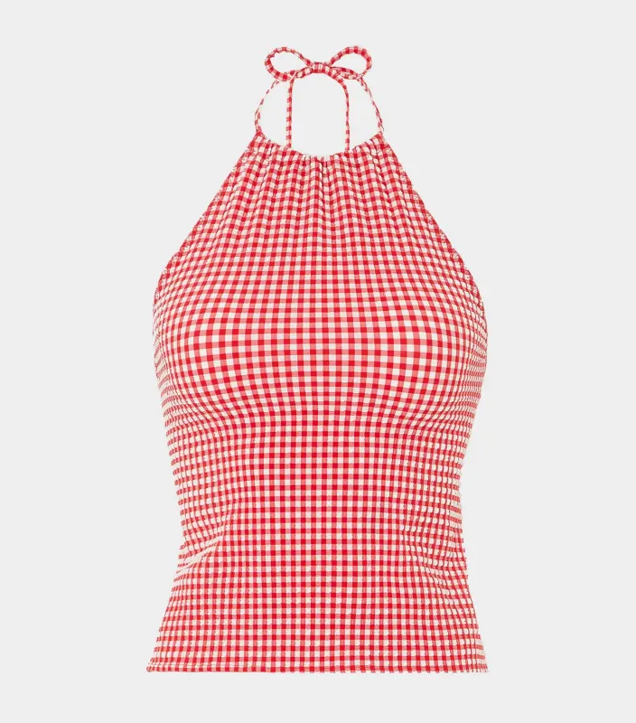 Gingham Seersucker Halter Top - Red Gingham sold by Hunza G