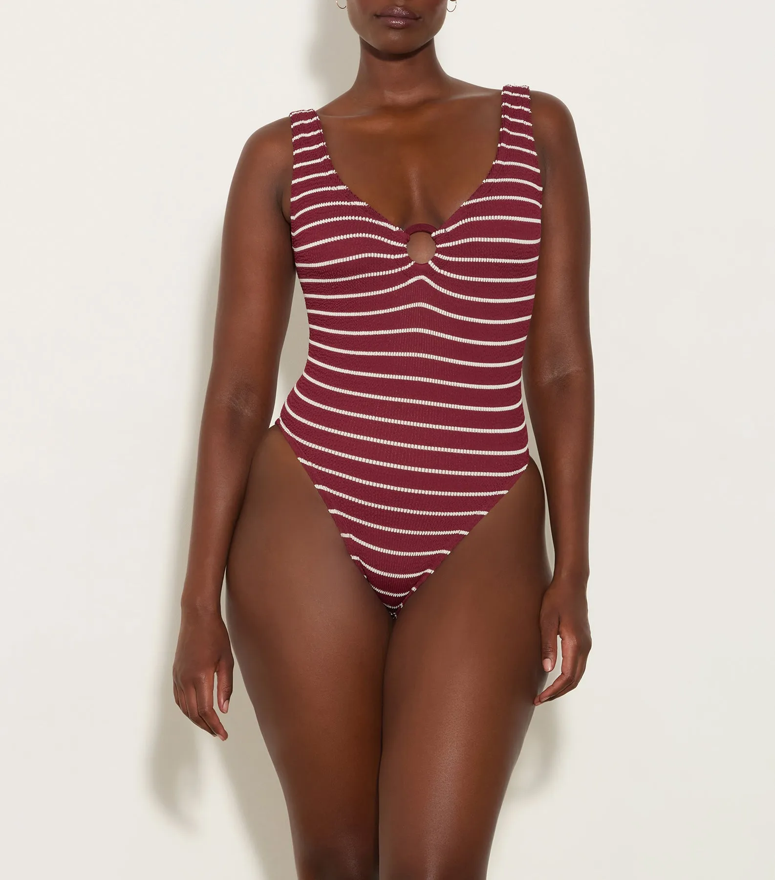 Celine Swim With Tonal Hoops - Wine/White Stripe sold by Hunza G
