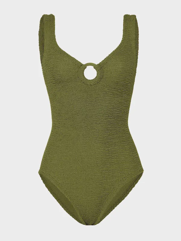 Coverage Celine Swim With Tonal Hoops - Metallic Moss sold by Hunza G