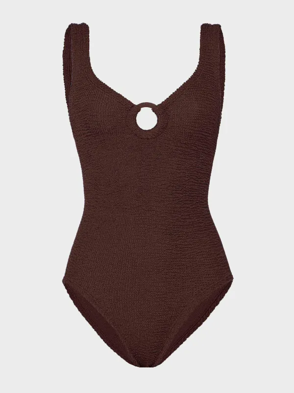 Coverage Celine Swim With Tonal Hoops - Metallic Chocolate sold by Hunza G