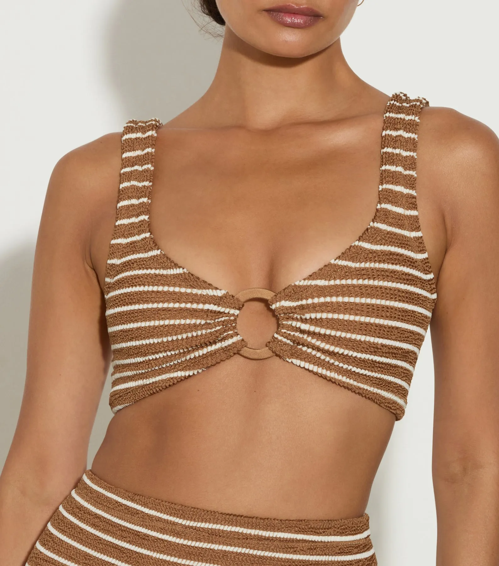 Nadine Stripe Bikini With Tonal Hoops - Metallic Cocoa/White sold by Hunza G product image thumbnail 3