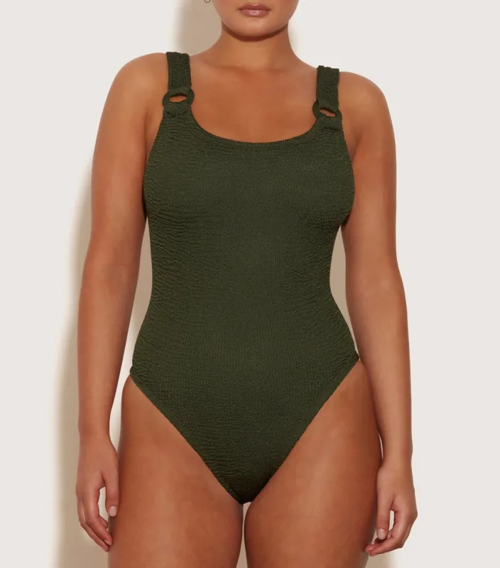 Domino Swim With Tonal Hoops - Metallic Khaki sold by Hunza G