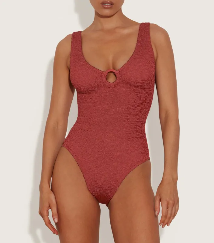 Coverage Celine Swim With Tonal Hoops - Metallic Rosewood sold by Hunza G