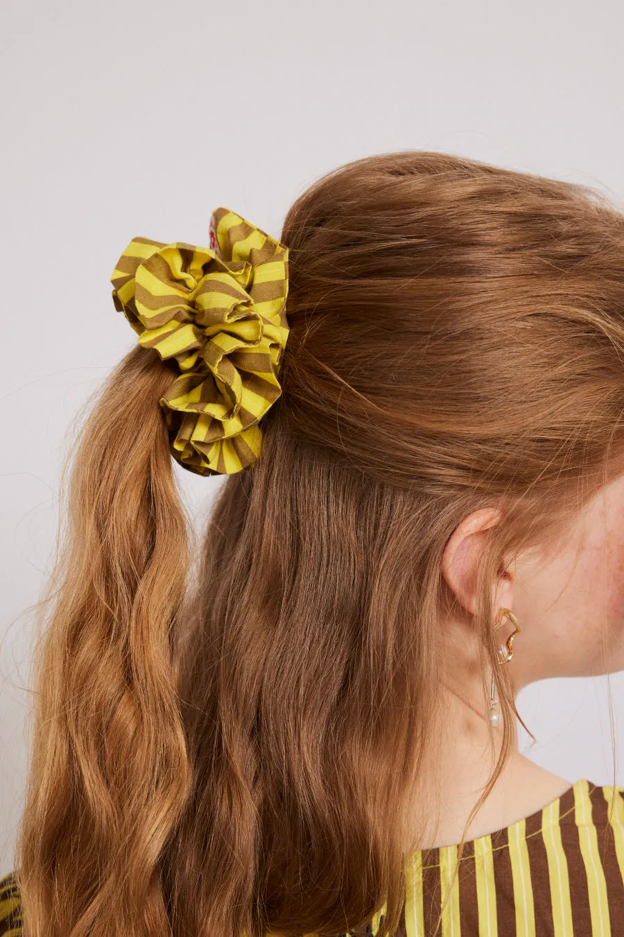 shirred garter scrunchie - yellow & brown stripe sold by Damson Madder product image thumbnail 4