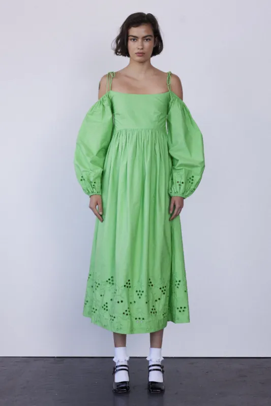 edwina green broderie bardot midi dress sold by Damson Madder
