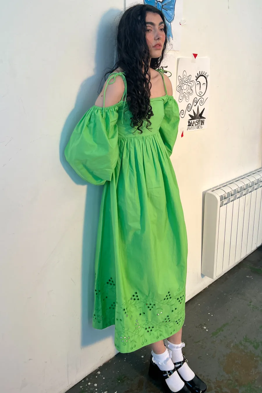 edwina green broderie bardot midi dress sold by Damson Madder product image thumbnail 3