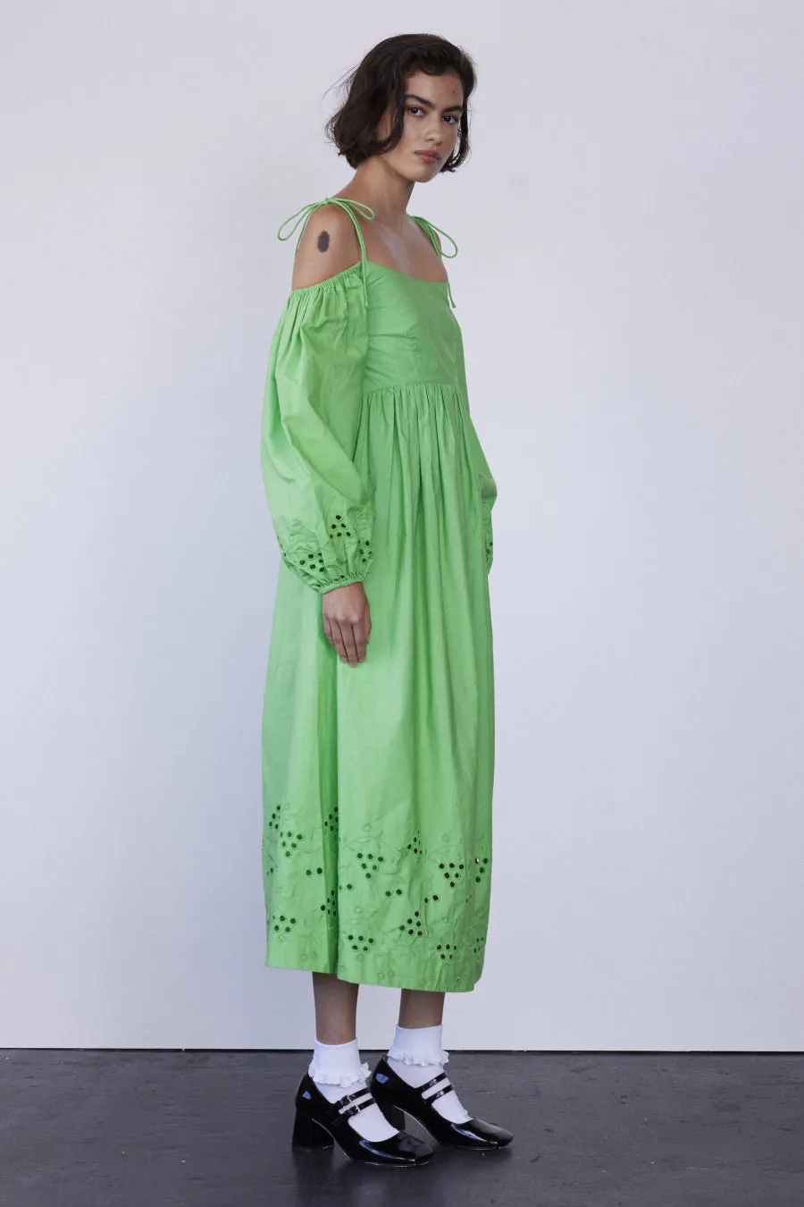 edwina green broderie bardot midi dress sold by Damson Madder product image thumbnail 5