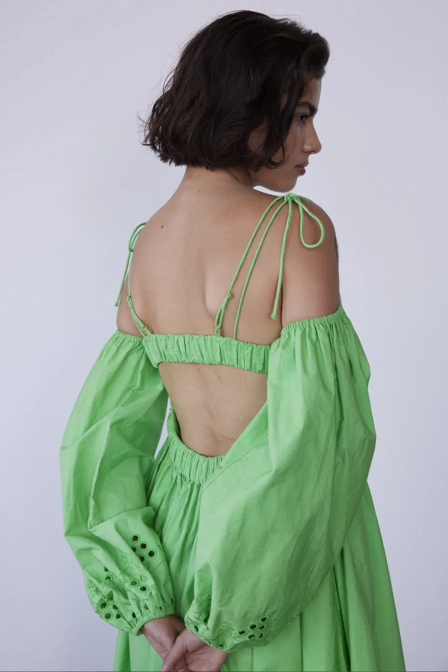 edwina green broderie bardot midi dress sold by Damson Madder product image thumbnail 2