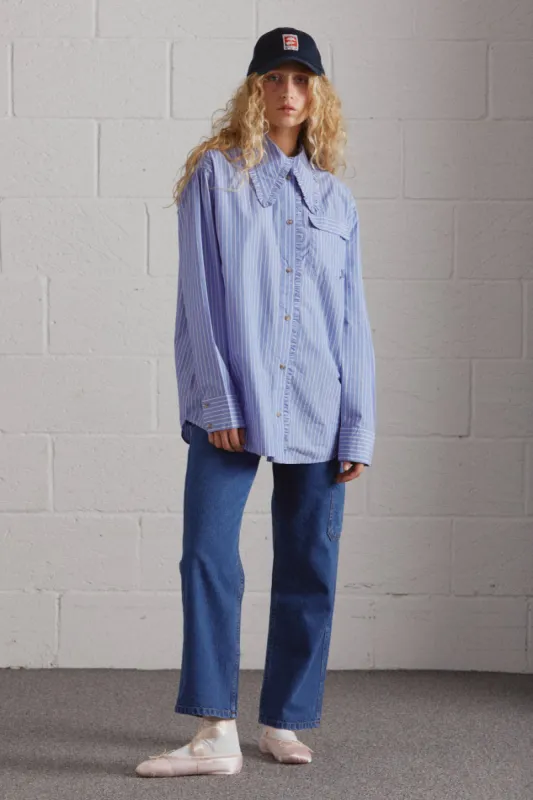 kendall ruffle shirt - blue stripe sold by Damson Madder