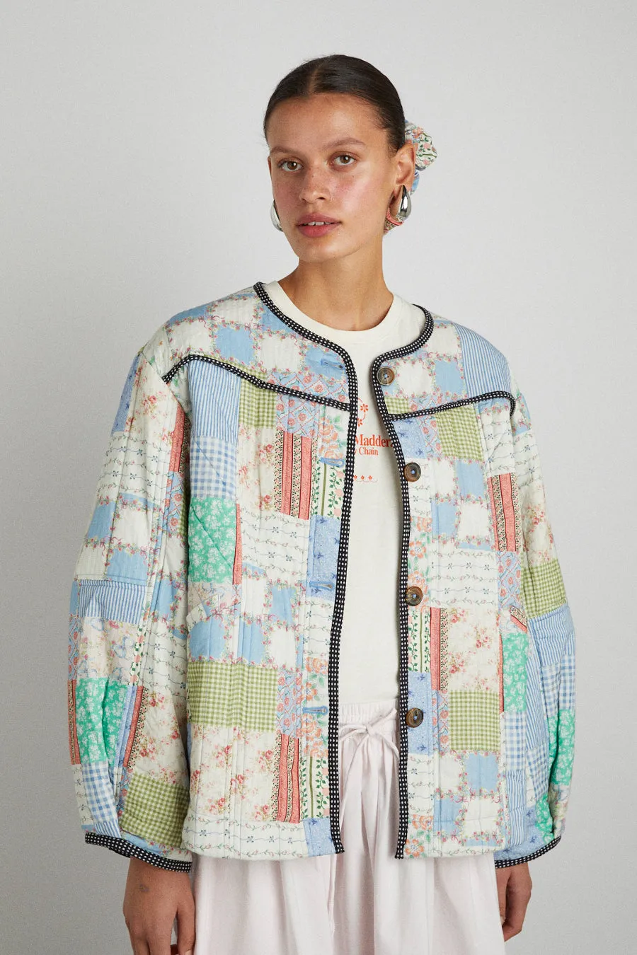 macy quilted jacket - patchwork floral sold by Damson Madder