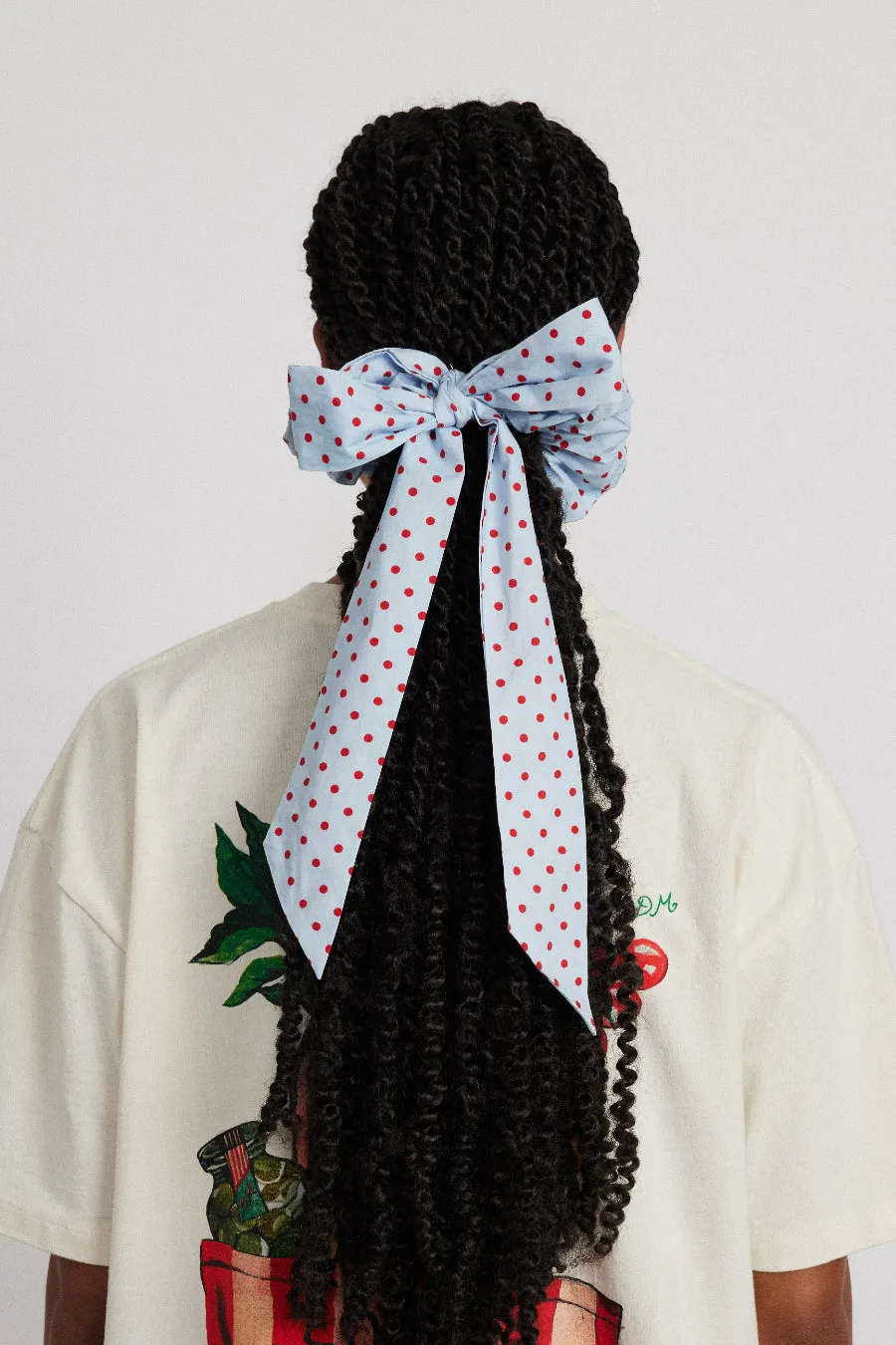 bow spot scrunchie - blue & red sold by Damson Madder