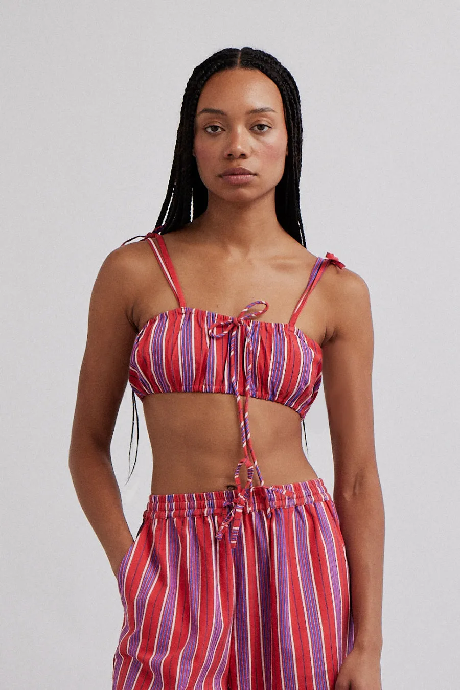 karmen ruched bralet - red stripe sold by Damson Madder