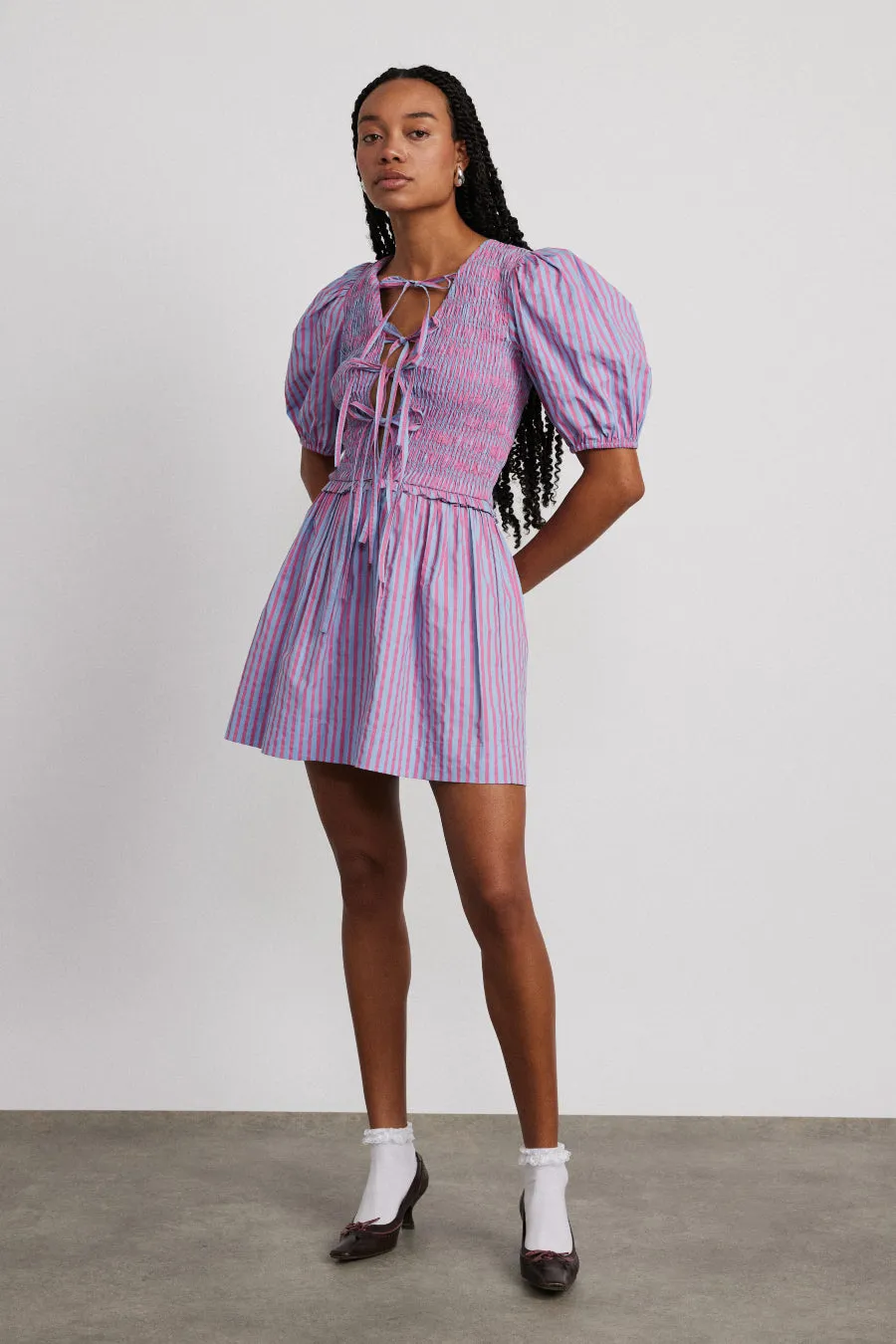 bluebelle shirred mini dress - pink & blue stripe sold by Damson Madder product image thumbnail 4
