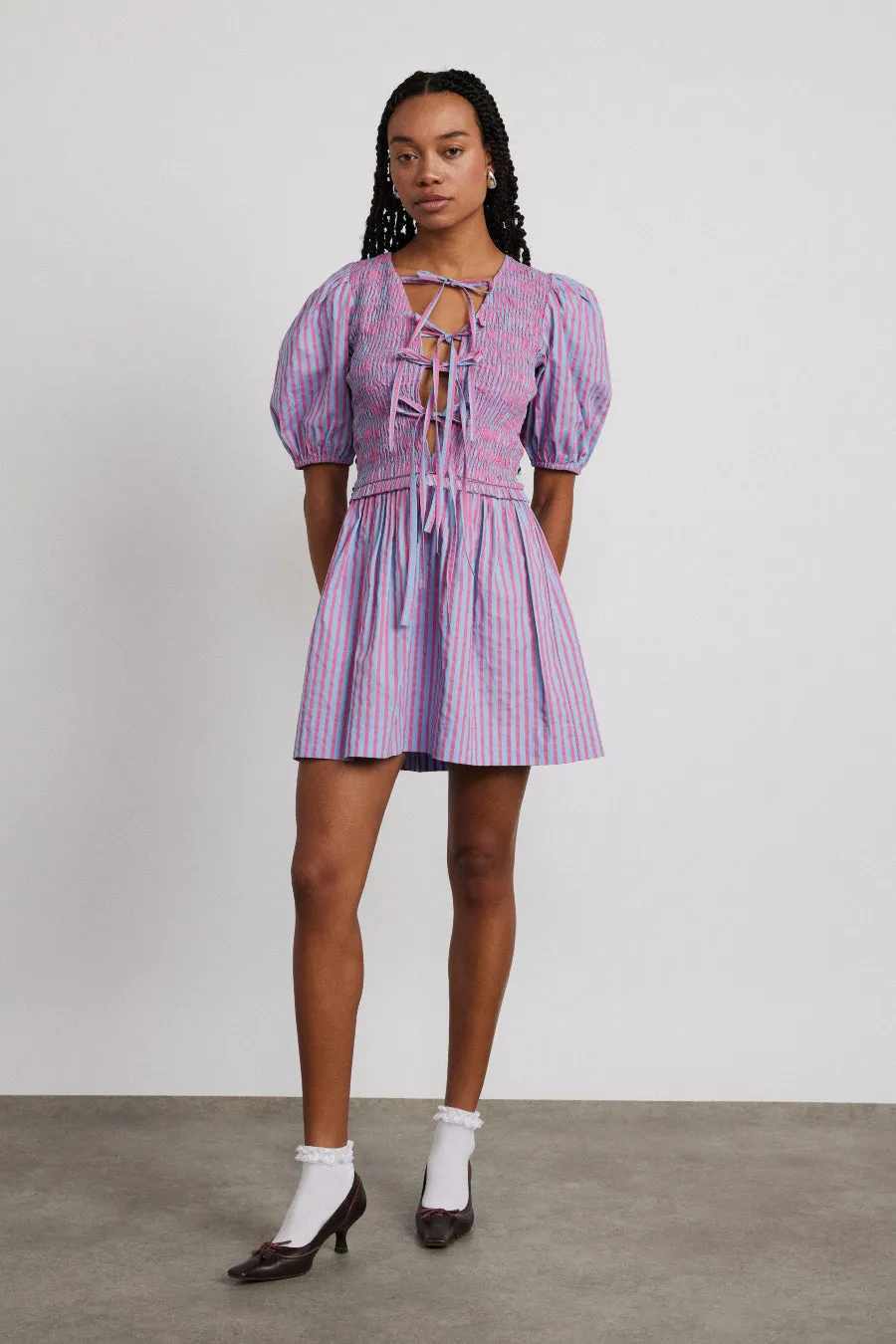 bluebelle shirred mini dress - pink & blue stripe Damson Madder Bluebelle Shirred Mini Dress