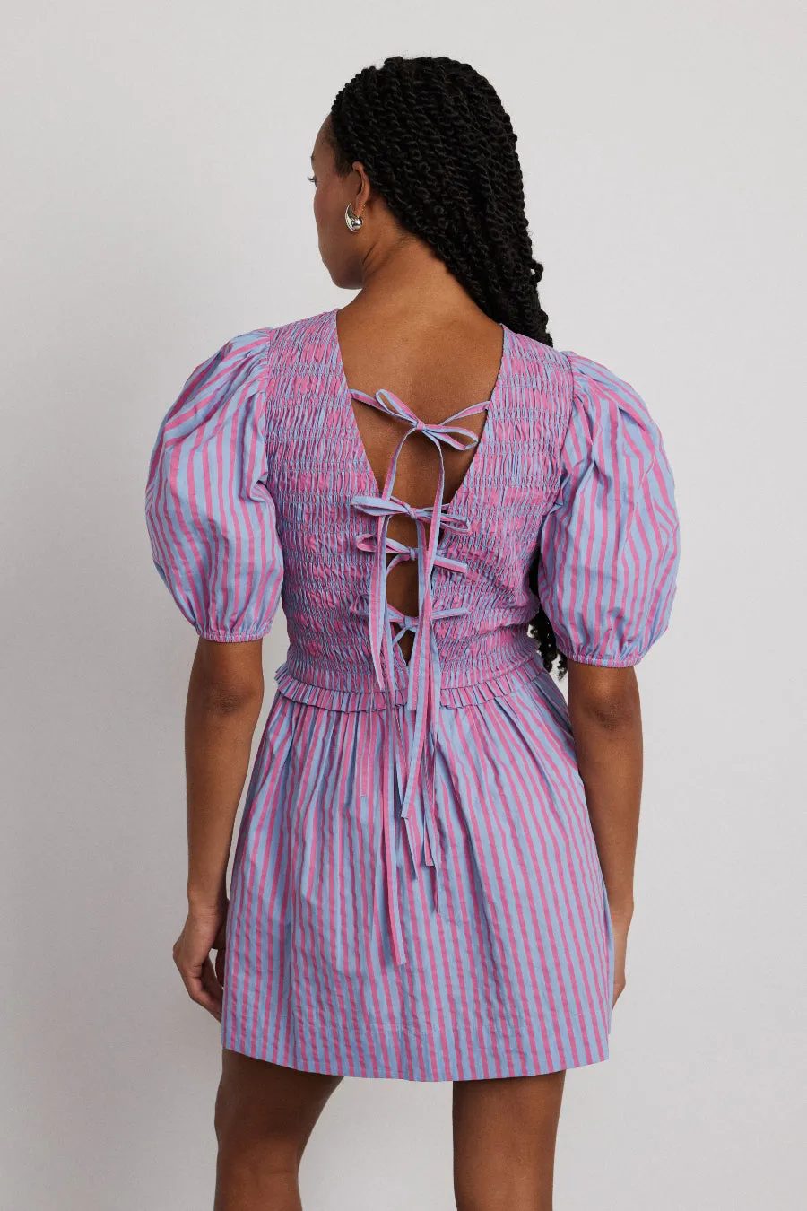 bluebelle shirred mini dress - pink & blue stripe sold by Damson Madder product image thumbnail 5