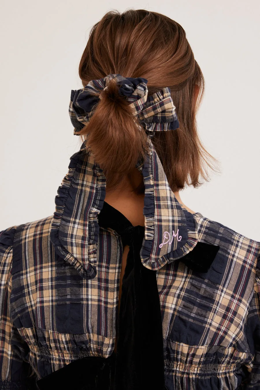 scrunchie with bow in check sold by Damson Madder