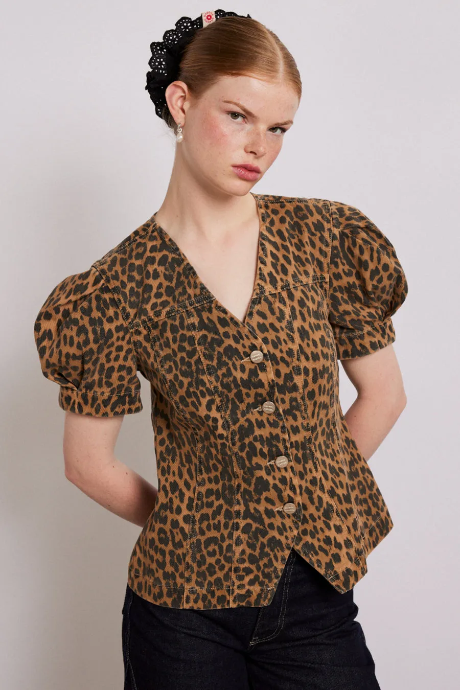 shell denim top - leopard sold by Damson Madder