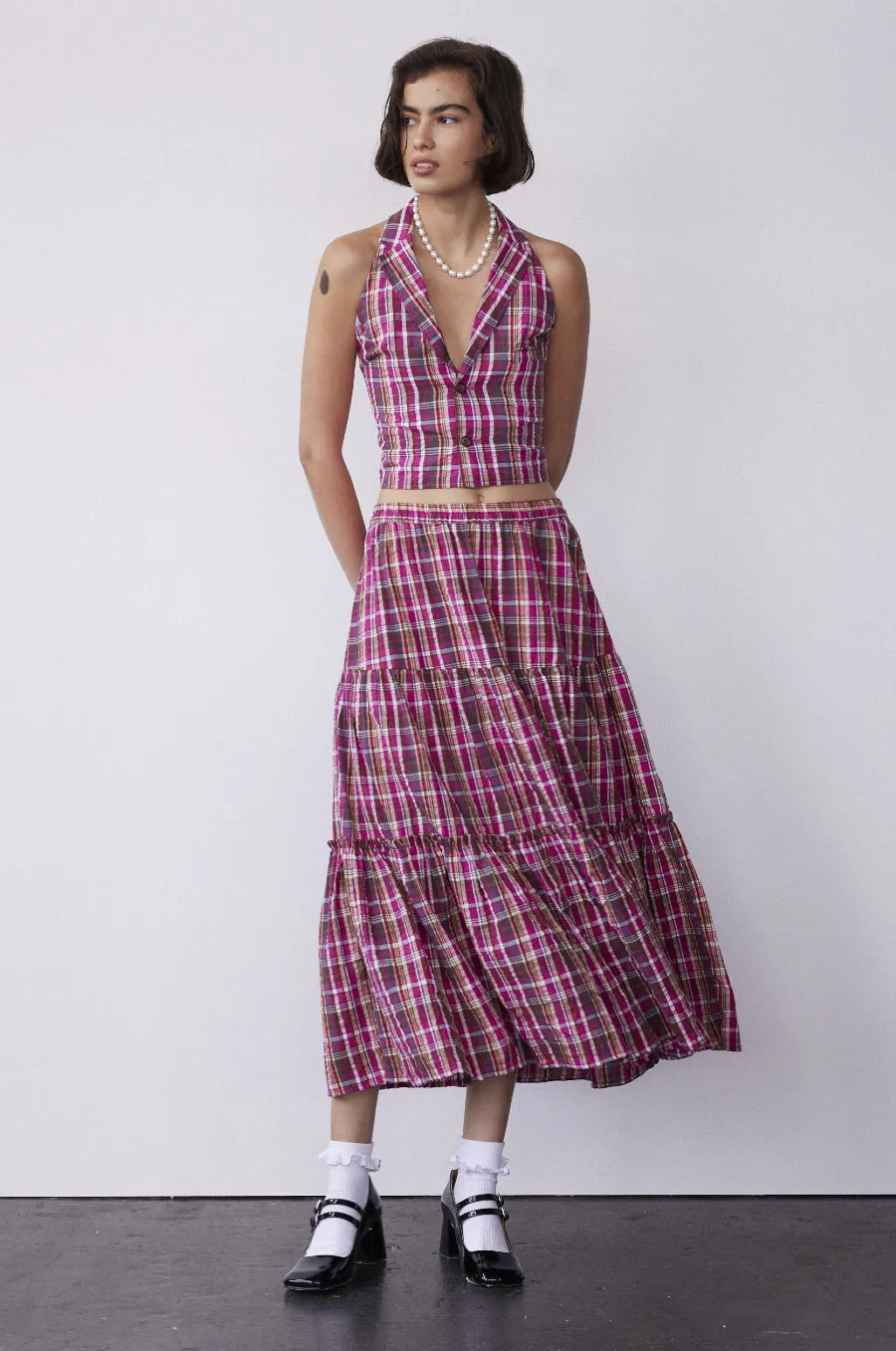 thea midi skirt - pink plaid sold by Damson Madder