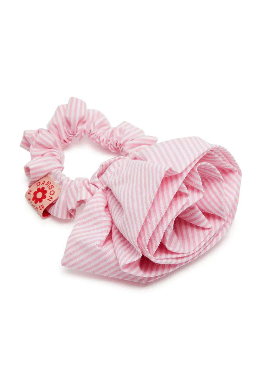 rosette scrunchie in pink stripe sold by Damson Madder