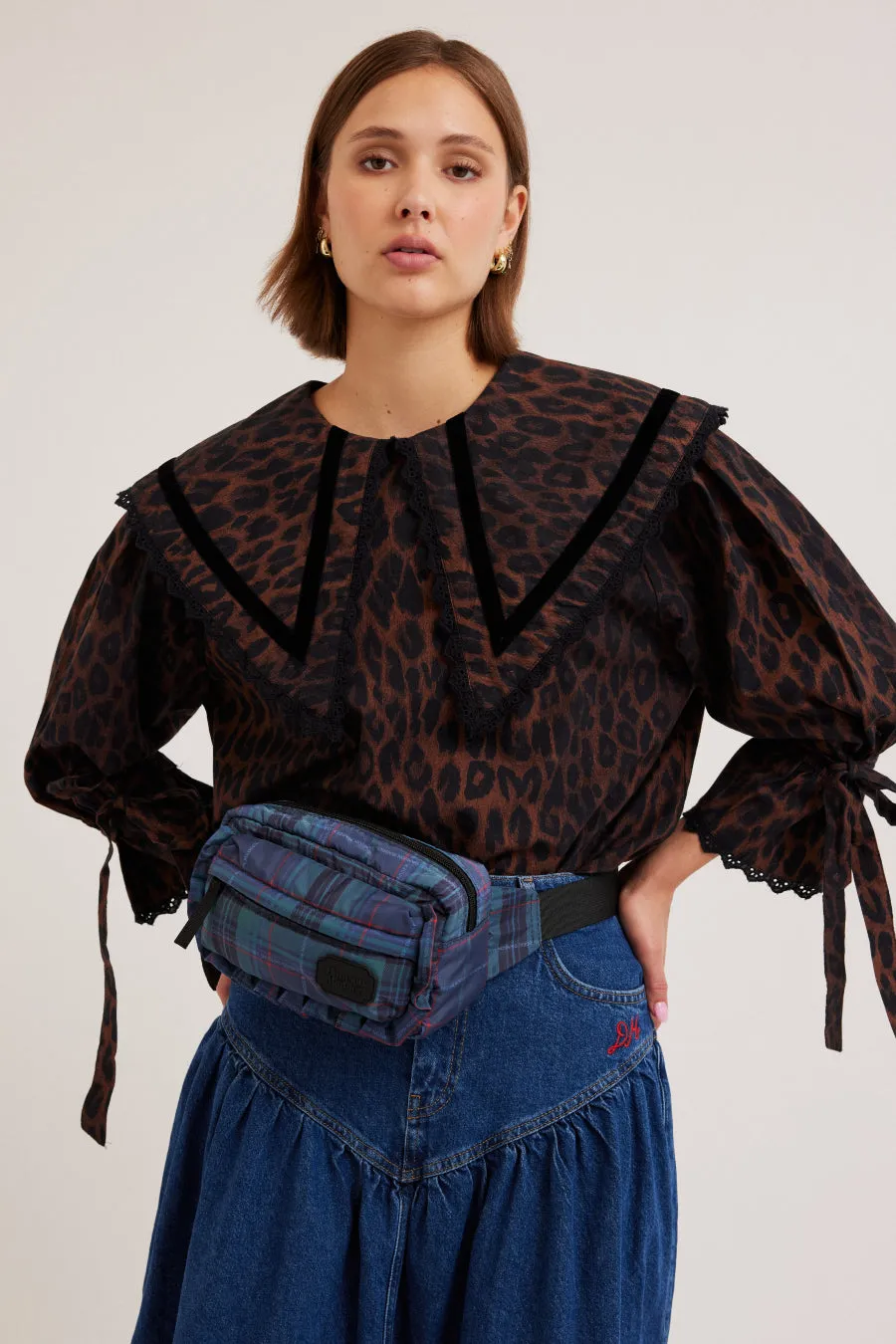 frill cross body bag in green check sold by Damson Madder