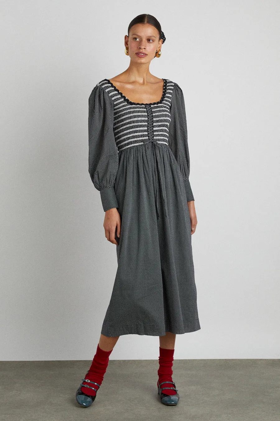 hermione shirred midi dress - pin dot sold by Damson Madder product image thumbnail 3