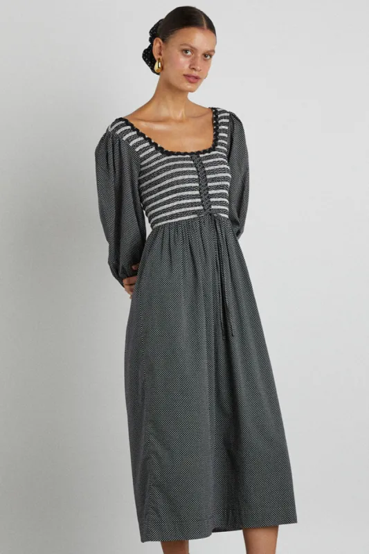 hermione shirred midi dress - pin dot sold by Damson Madder