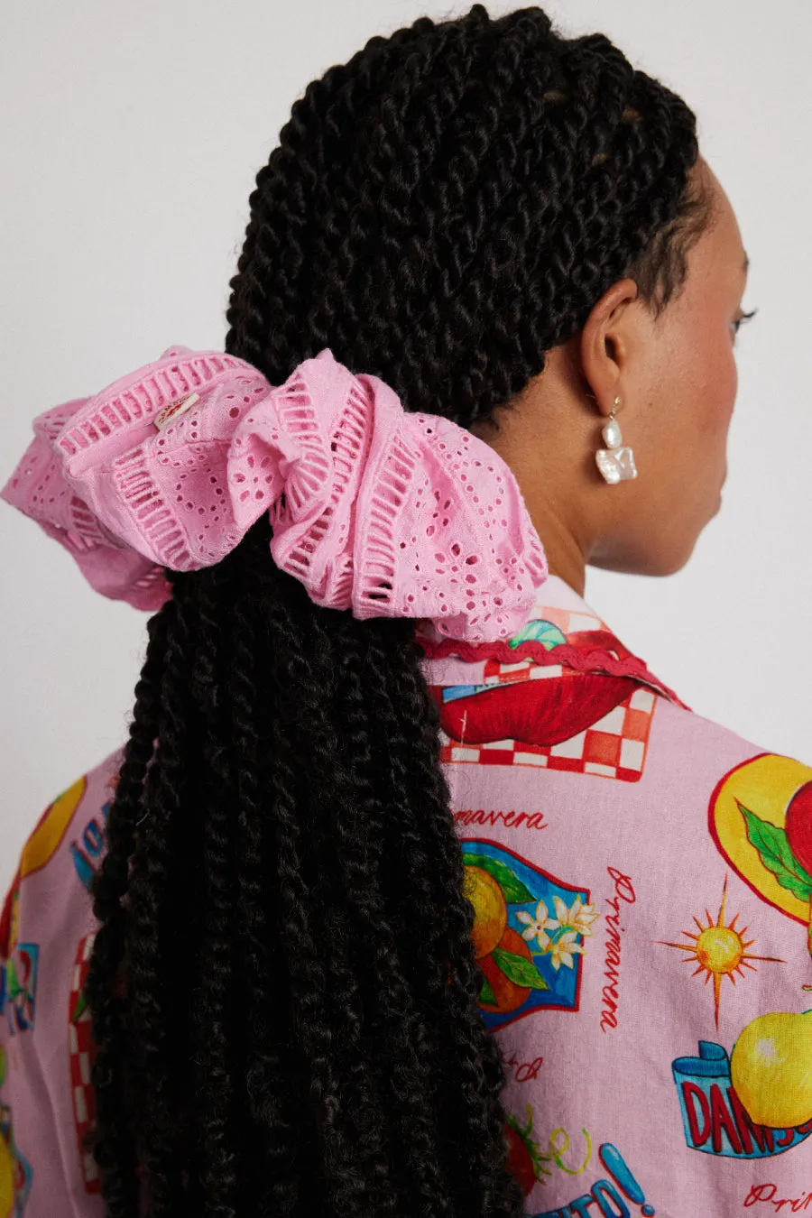 oversized broderie scrunchie in pink sold by Damson Madder