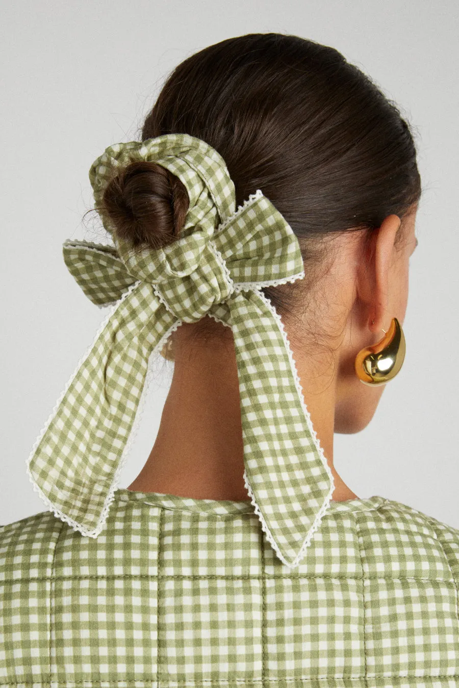 green gingham bow scrunchie sold by Damson Madder