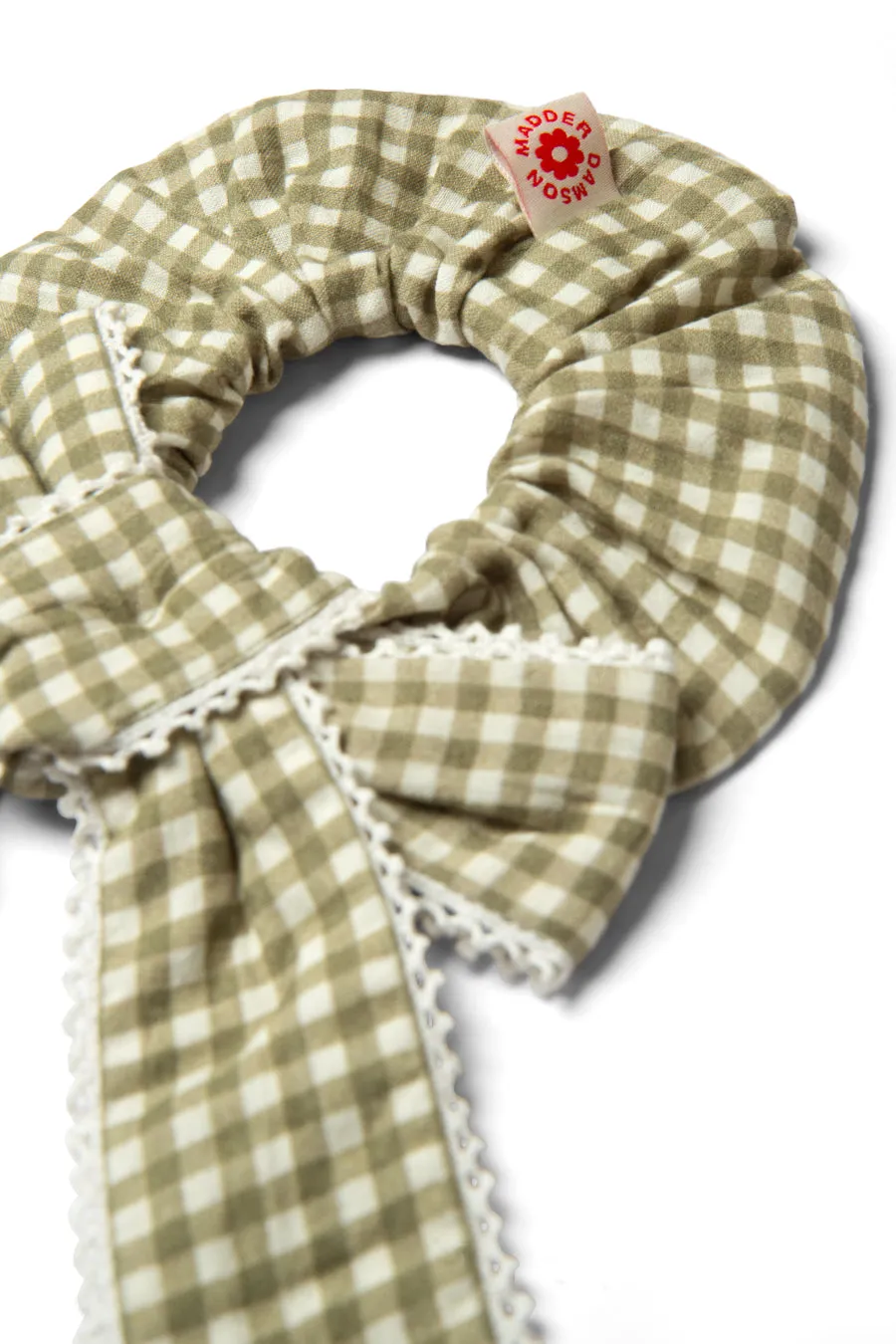 green gingham bow scrunchie sold by Damson Madder product image thumbnail 3