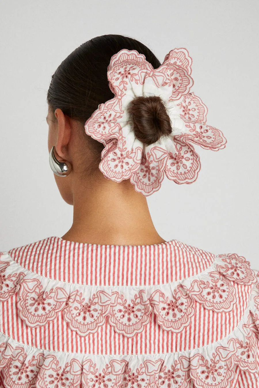 broderie edge statement scrunchie in ecru & red sold by Damson Madder
