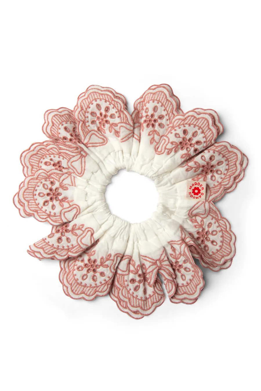 broderie edge statement scrunchie in ecru & red sold by Damson Madder product image thumbnail 3