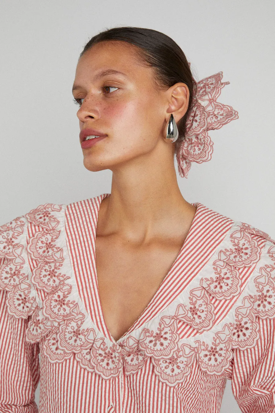 broderie edge statement scrunchie in ecru & red sold by Damson Madder product image thumbnail 2