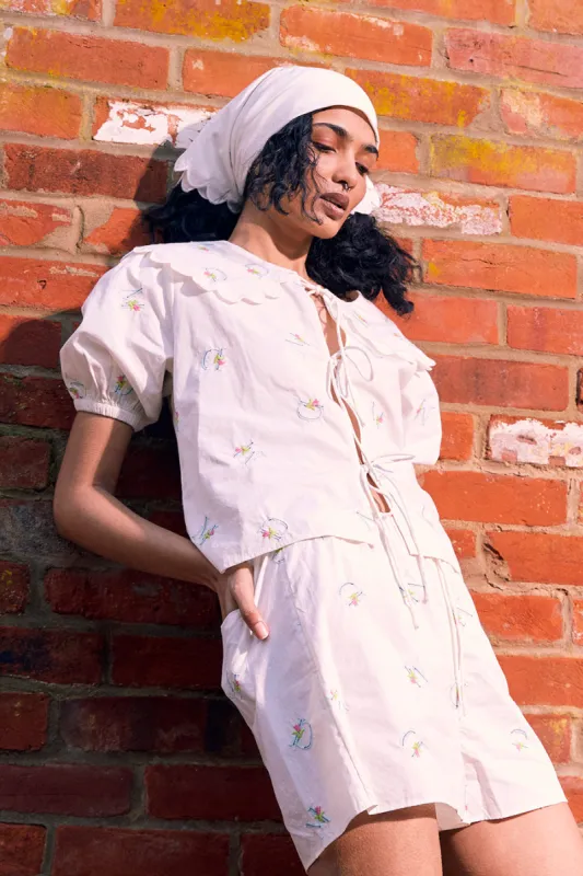 headscarf with embroidery and scallop edge made by Damson Madder