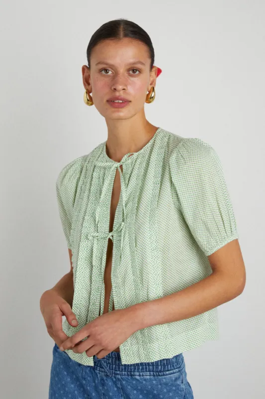 ines ruffle blouse - green ditsy spot sold by Damson Madder