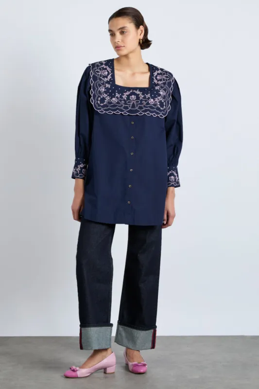 mala embroidered mini dress- navy sold by Damson Madder