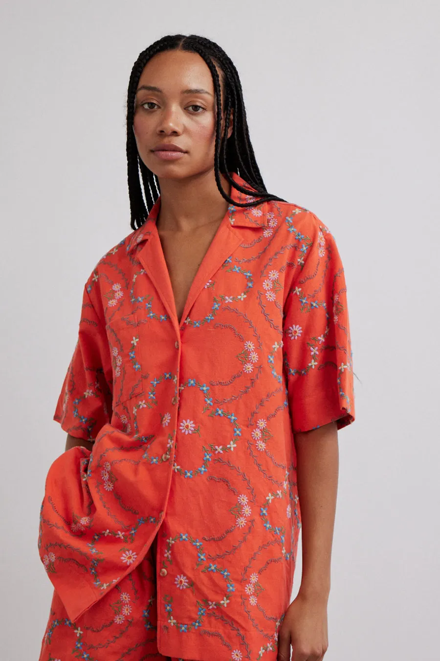 tablecloth shirt - red flower embroidery sold by Damson Madder