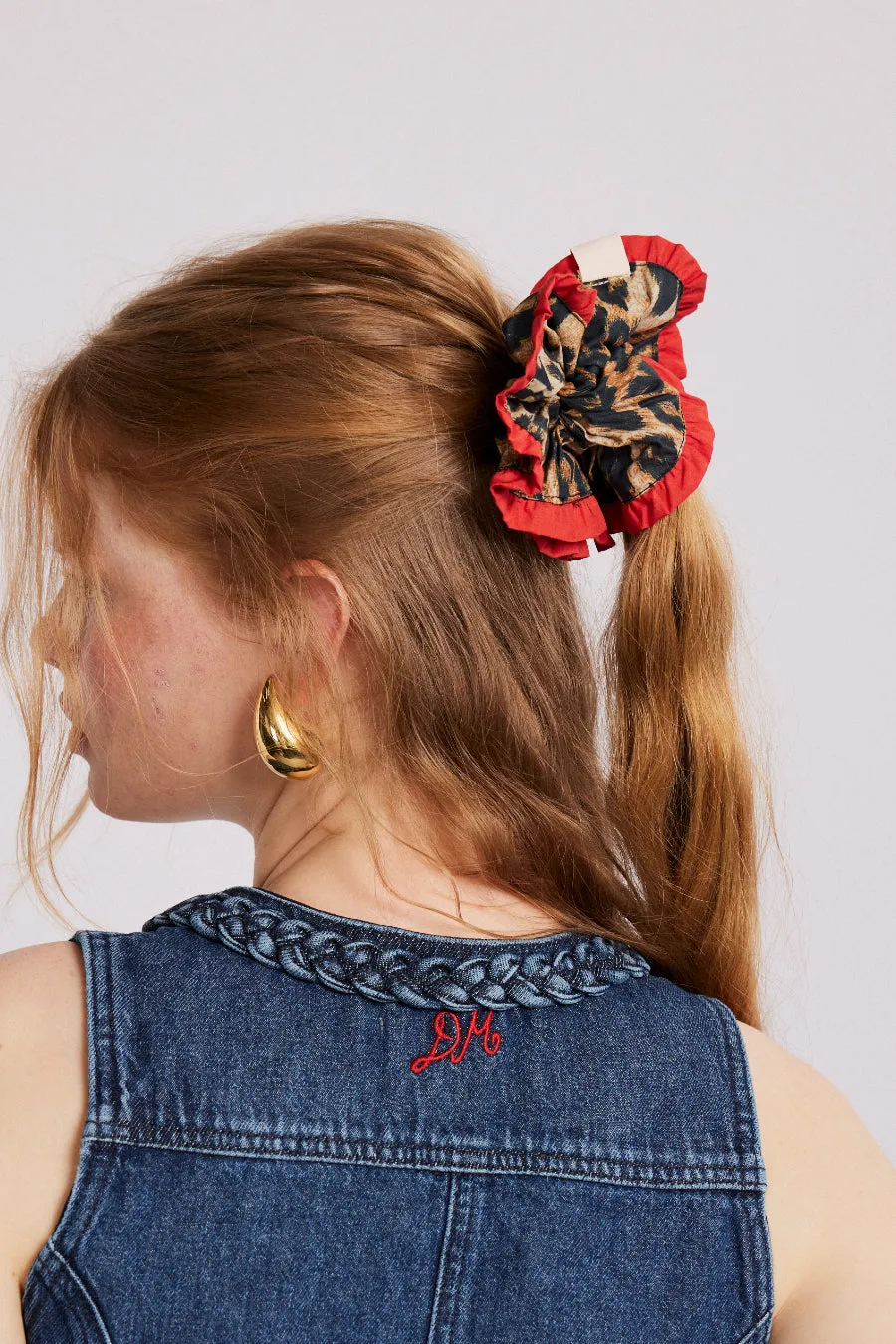 frill scrunchie in leopard with red edge sold by Damson Madder