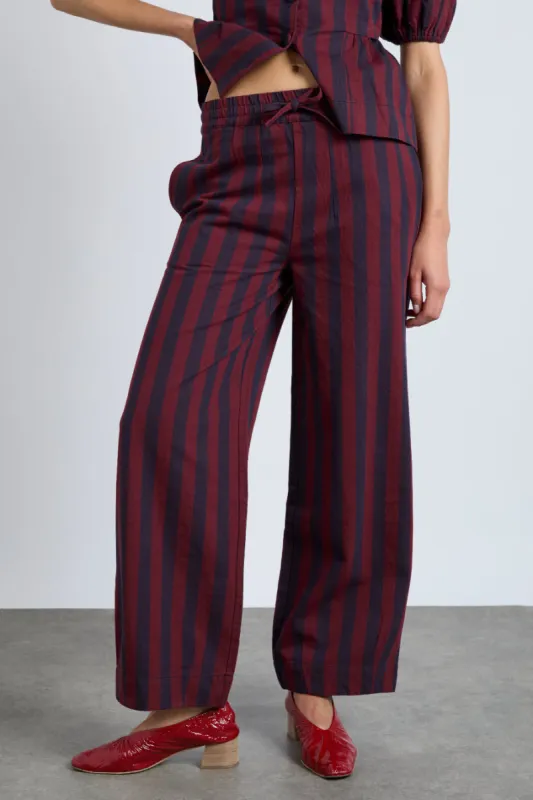 rafe trousers- navy and burgundy stripe sold by Damson Madder