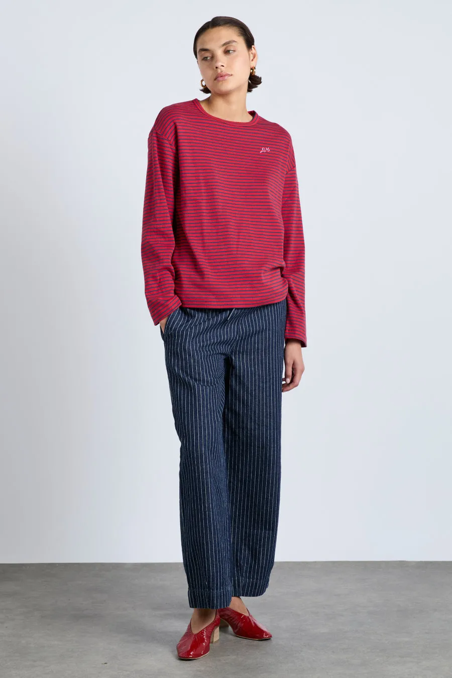 red and navy stripe long sleeve top sold by Damson Madder product image thumbnail 2